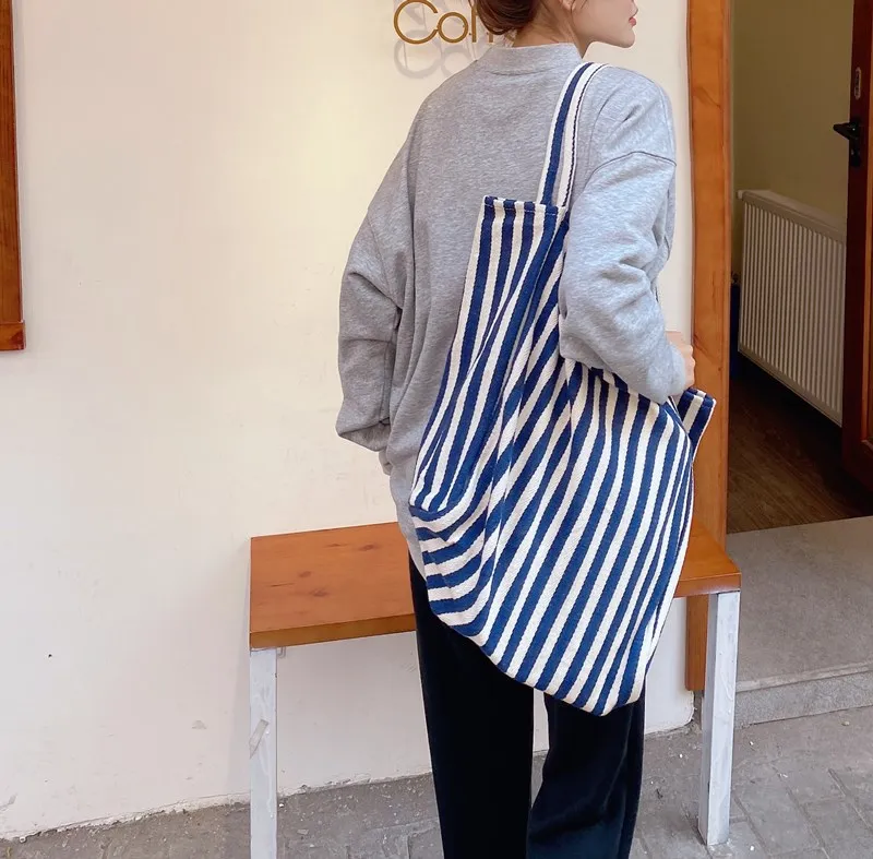 Large Capacity Canvas Bag for Women Fashion Striped Shoulder Bag New Top-handle Bag Travel Bag Shopping Tote Bolsa