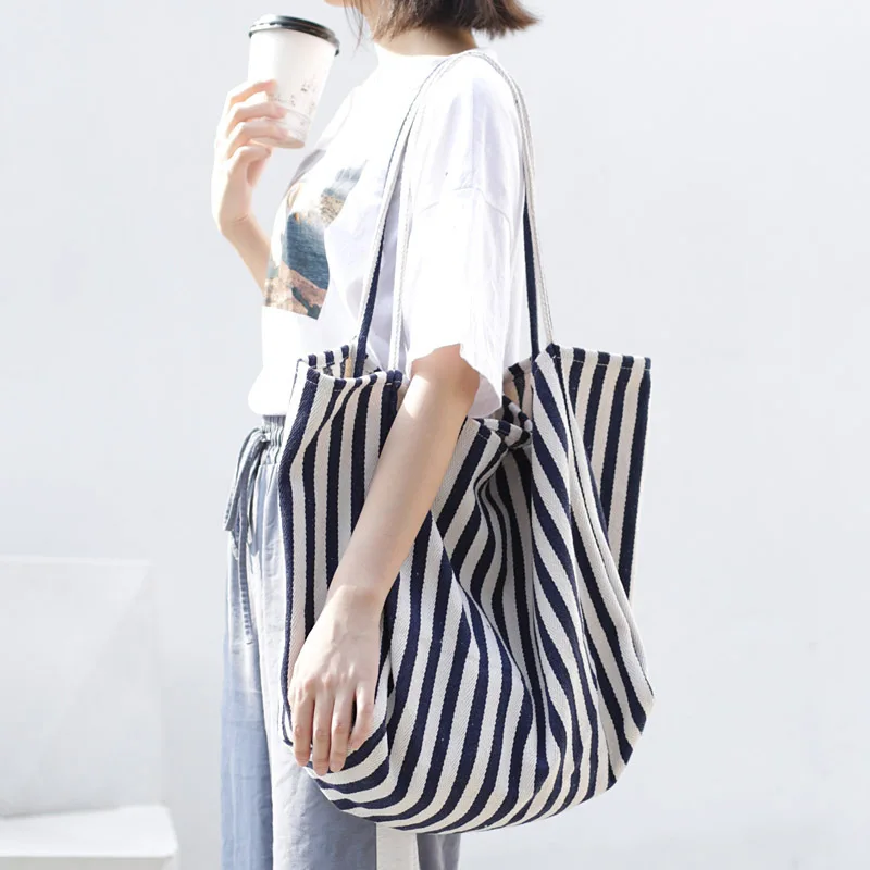 Large Capacity Canvas Bag for Women Fashion Striped Shoulder Bag New Top-handle Bag Travel Bag Shopping Tote Bolsa