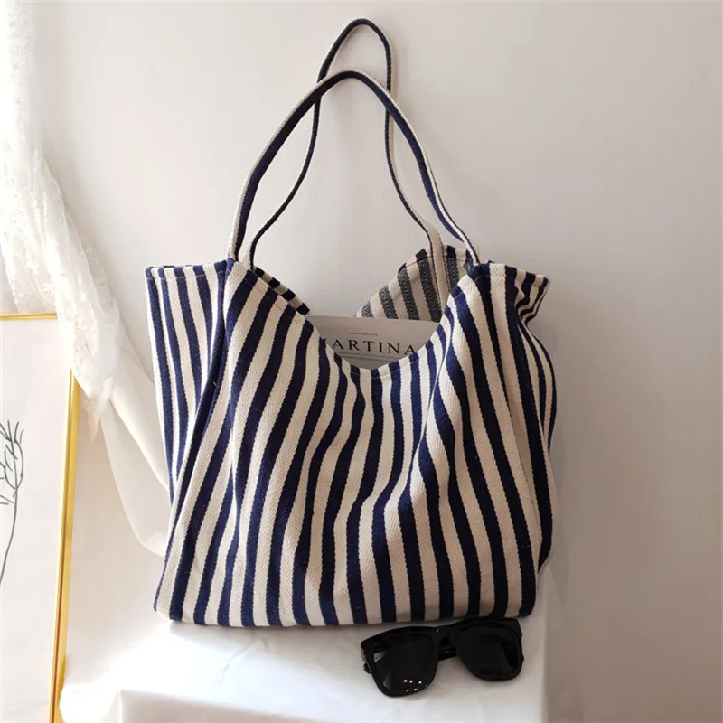 Large Capacity Canvas Bag for Women Fashion Striped Shoulder Bag New Top-handle Bag Travel Bag Shopping Tote Bolsa