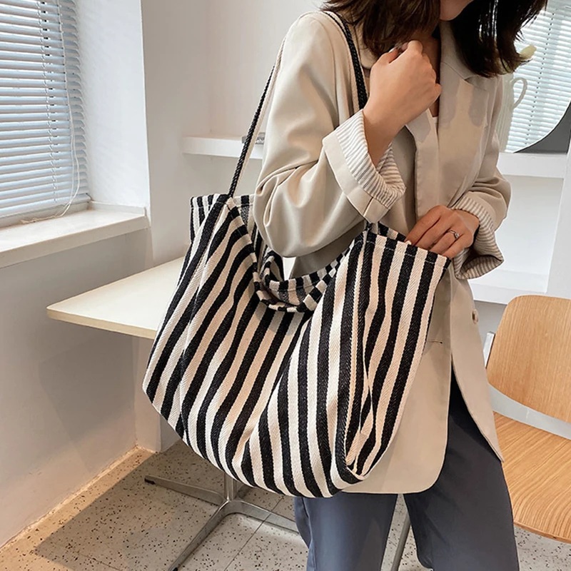 Large Capacity Canvas Bag for Women Fashion Striped Shoulder Bag New Top-handle Bag Travel Bag Shopping Tote Bolsa
