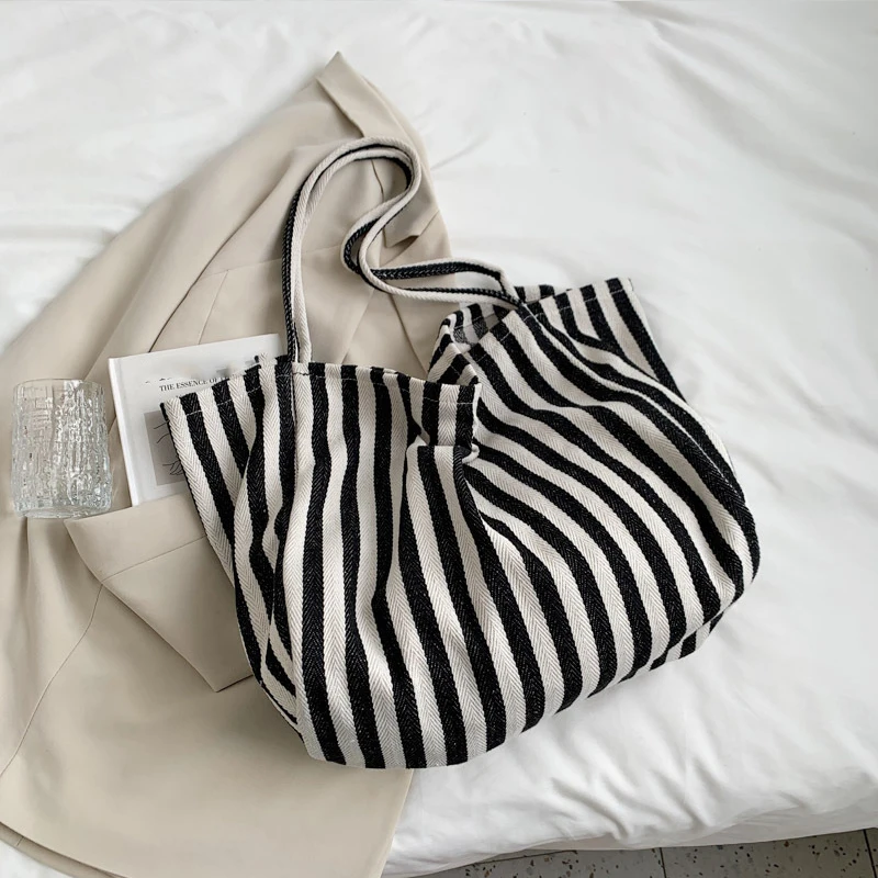 Large Capacity Canvas Bag for Women Fashion Striped Shoulder Bag New Top-handle Bag Travel Bag Shopping Tote Bolsa