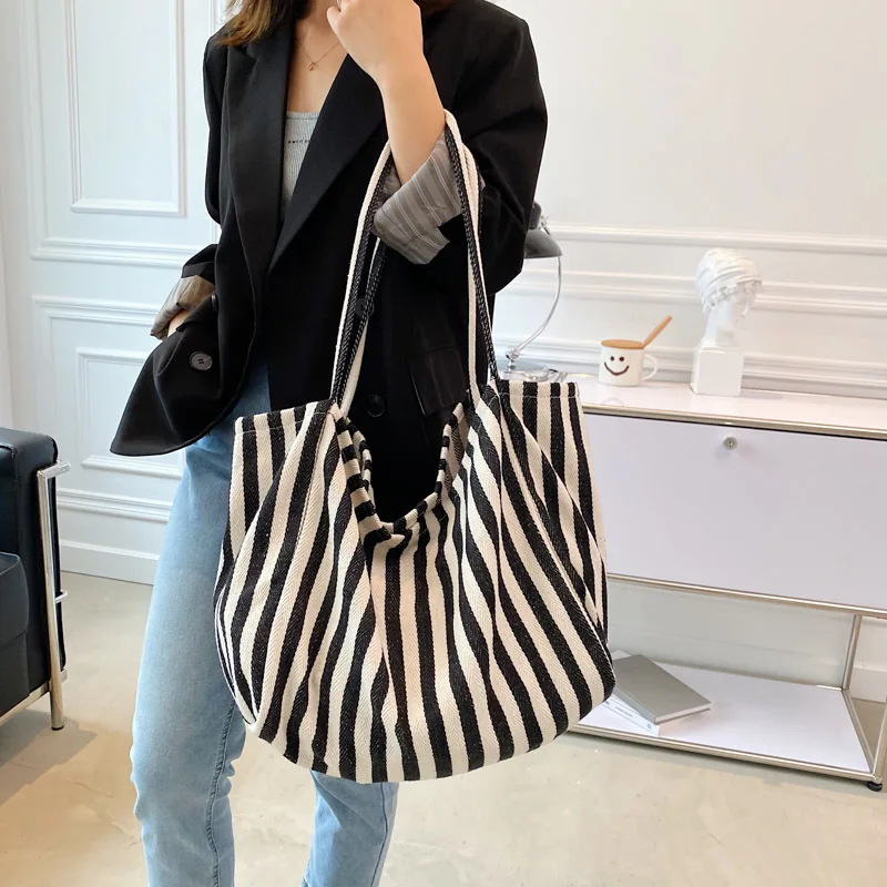 Large Capacity Canvas Bag for Women Fashion Striped Shoulder Bag New Top-handle Bag Travel Bag Shopping Tote Bolsa