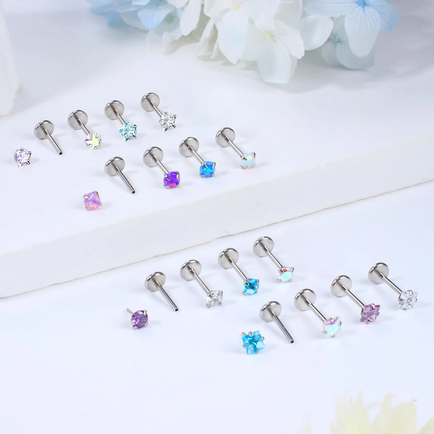 16 Pcs 20G 18G Threadless Push in Earring Studs Labret Lip Studs Surgical Steel 3mm Crystal Opal Nostril Piercing Jewelry