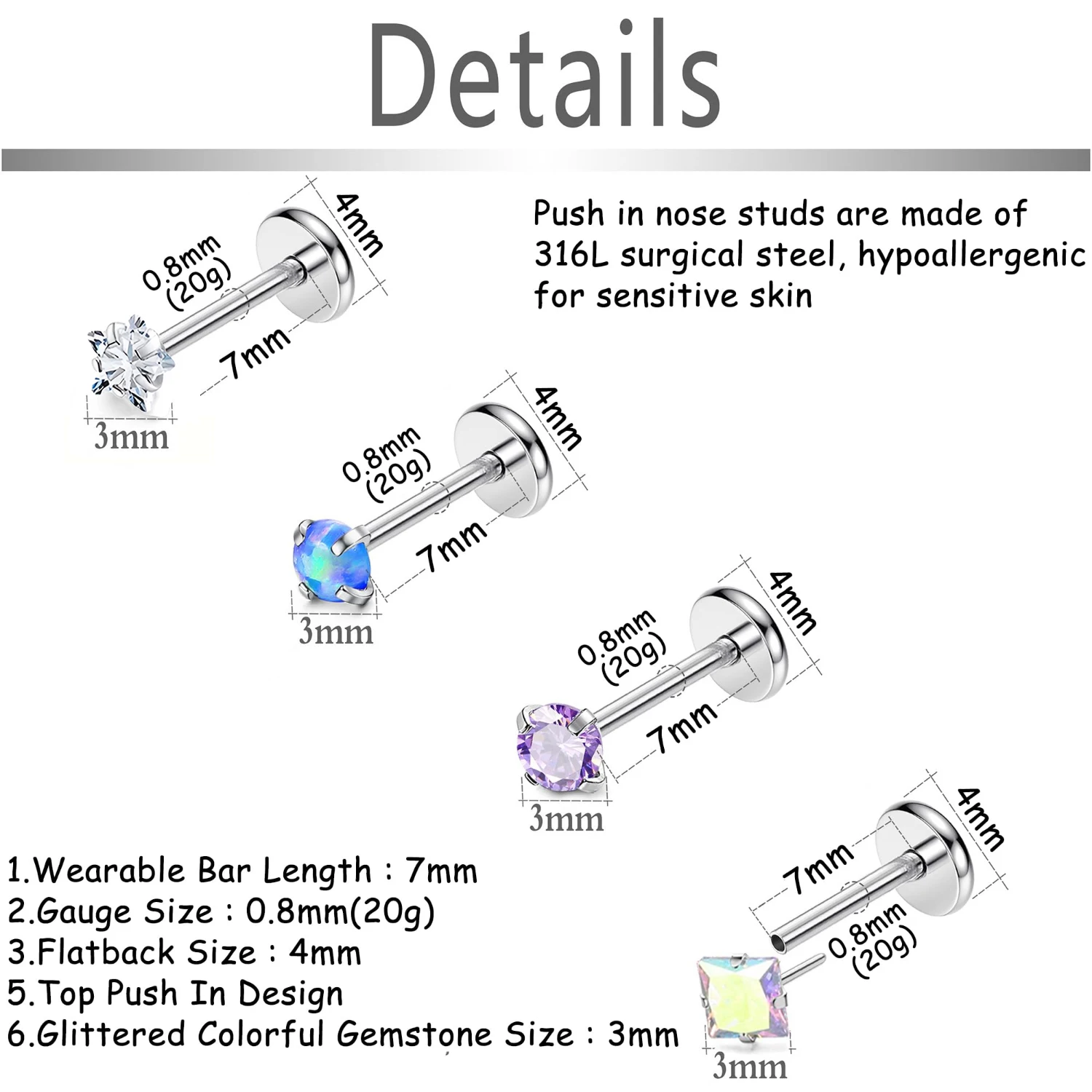 16 Pcs 20G 18G Threadless Push in Earring Studs Labret Lip Studs Surgical Steel 3mm Crystal Opal Nostril Piercing Jewelry