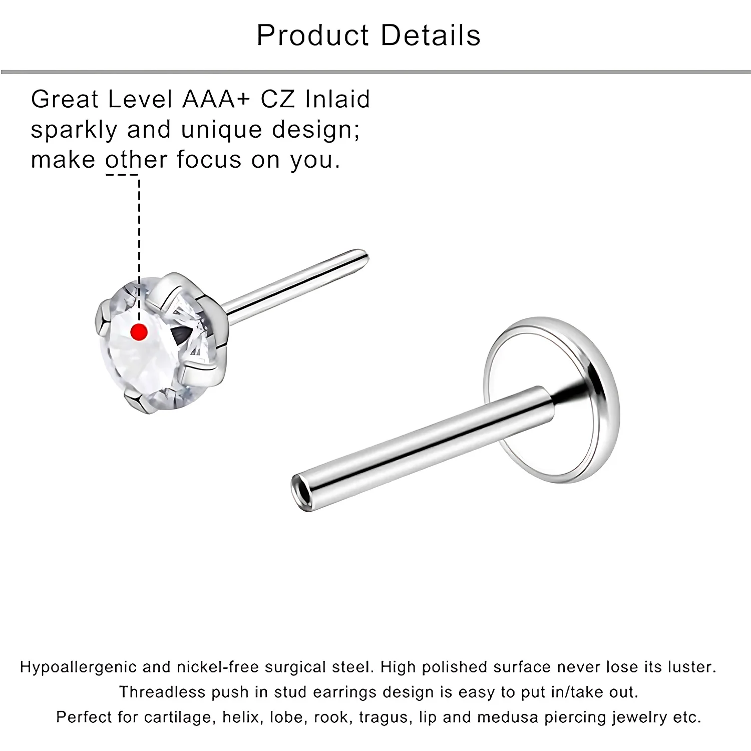 16 Pcs 20G 18G Threadless Push in Earring Studs Labret Lip Studs Surgical Steel 3mm Crystal Opal Nostril Piercing Jewelry