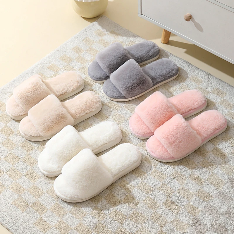 Women's Winter Open Toe House Slippers Fluffy Faux Fur Cross Strap Plush Slides Woman Solid Color Cozy Non Slip Indoor Slippers