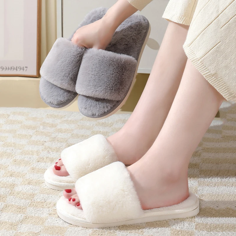 Women's Winter Open Toe House Slippers Fluffy Faux Fur Cross Strap Plush Slides Woman Solid Color Cozy Non Slip Indoor Slippers