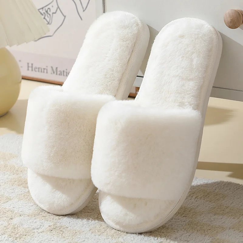 Women's Winter Open Toe House Slippers Fluffy Faux Fur Cross Strap Plush Slides Woman Solid Color Cozy Non Slip Indoor Slippers