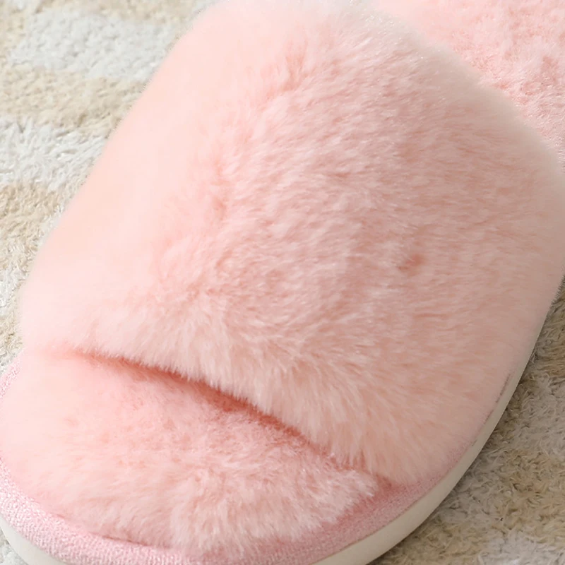 Women's Winter Open Toe House Slippers Fluffy Faux Fur Cross Strap Plush Slides Woman Solid Color Cozy Non Slip Indoor Slippers