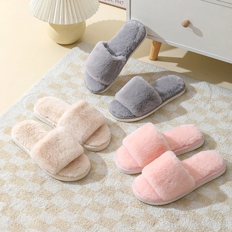 Women's Winter Open Toe House Slippers Fluffy Faux Fur Cross Strap Plush Slides Woman Solid Color Cozy Non Slip Indoor Slippers
