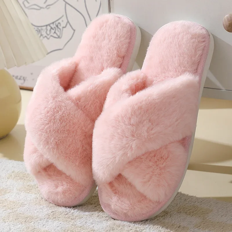 Women's Winter Open Toe House Slippers Fluffy Faux Fur Cross Strap Plush Slides Woman Solid Color Cozy Non Slip Indoor Slippers