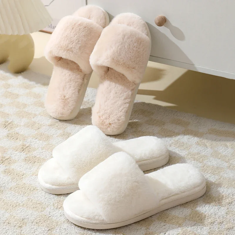 Women's Winter Open Toe House Slippers Fluffy Faux Fur Cross Strap Plush Slides Woman Solid Color Cozy Non Slip Indoor Slippers