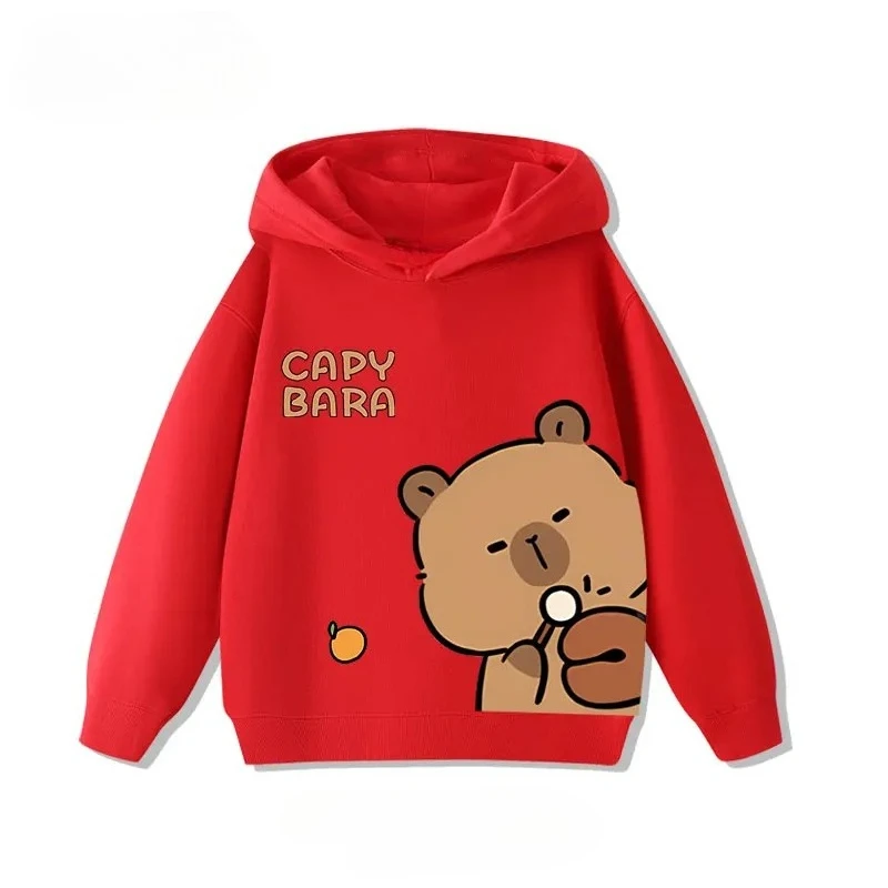 Autumn Winter Cartoon Cute Capybara Print Children's Hooded Hoodies Casual Fashionable Comfortable Boy Girl Sweatshirt Pullover