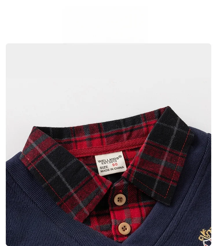 2026 Spring Children Clothes Hoodie Boys Preppy Style Fake Two-Piece Sweatshirt Plaid Collar Long Sleeve Embroidered Boys Top