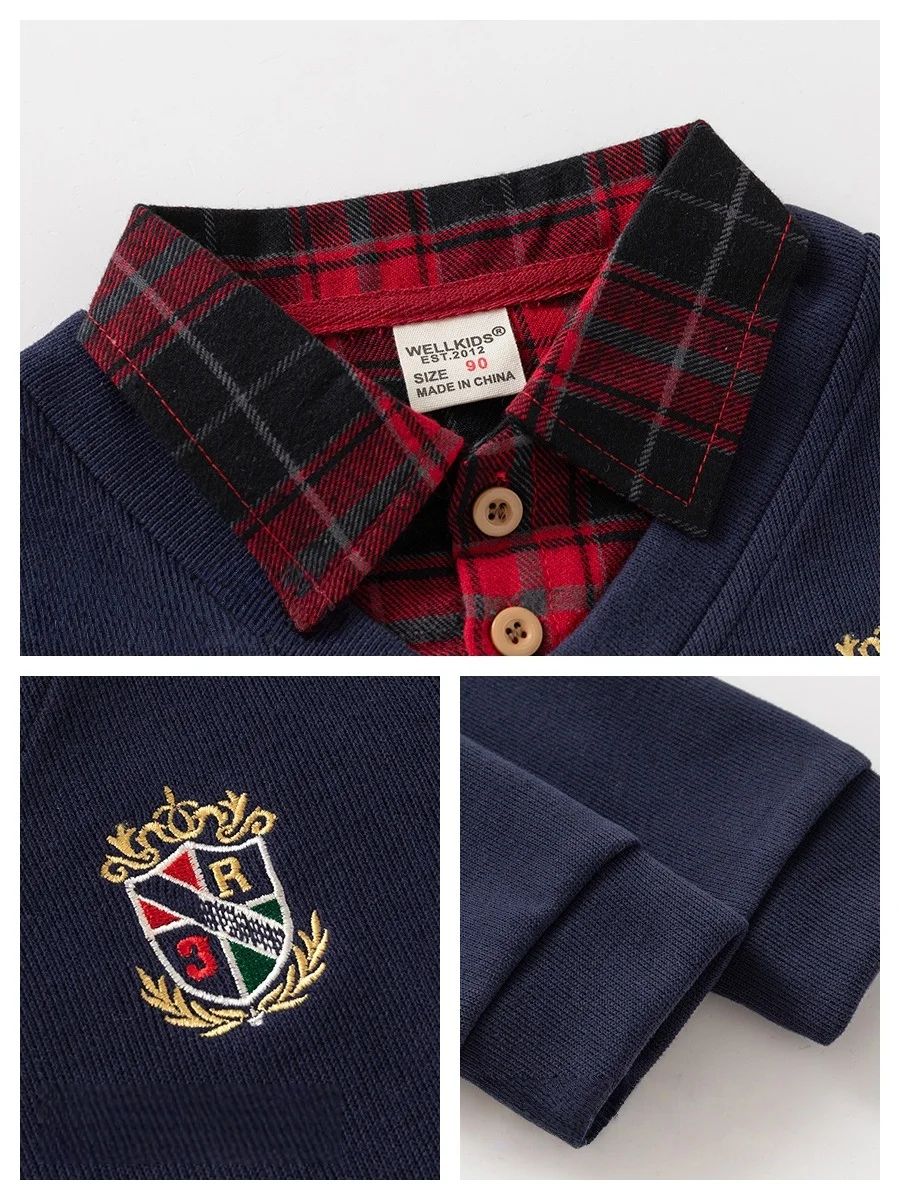2026 Spring Children Clothes Hoodie Boys Preppy Style Fake Two-Piece Sweatshirt Plaid Collar Long Sleeve Embroidered Boys Top