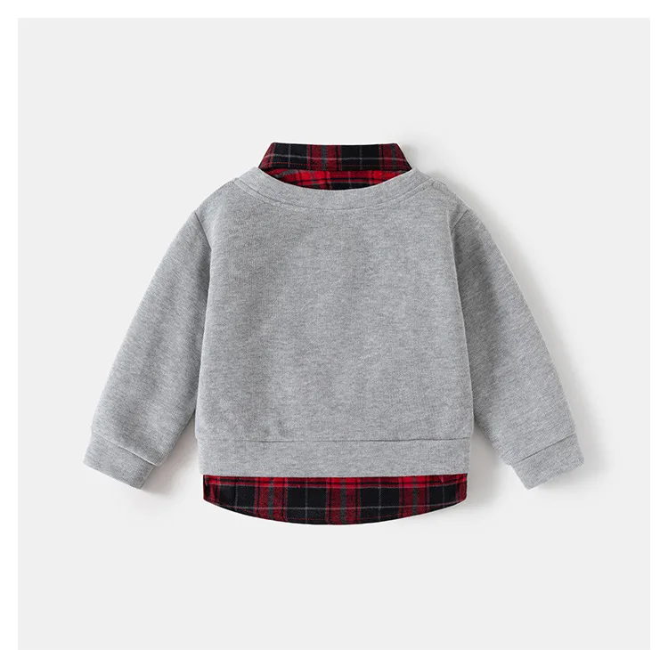 2026 Spring Children Clothes Hoodie Boys Preppy Style Fake Two-Piece Sweatshirt Plaid Collar Long Sleeve Embroidered Boys Top
