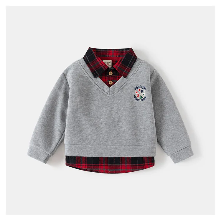 2026 Spring Children Clothes Hoodie Boys Preppy Style Fake Two-Piece Sweatshirt Plaid Collar Long Sleeve Embroidered Boys Top