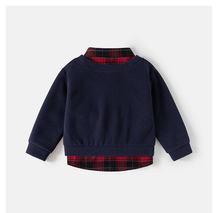 2026 Spring Children Clothes Hoodie Boys Preppy Style Fake Two-Piece Sweatshirt Plaid Collar Long Sleeve Embroidered Boys Top