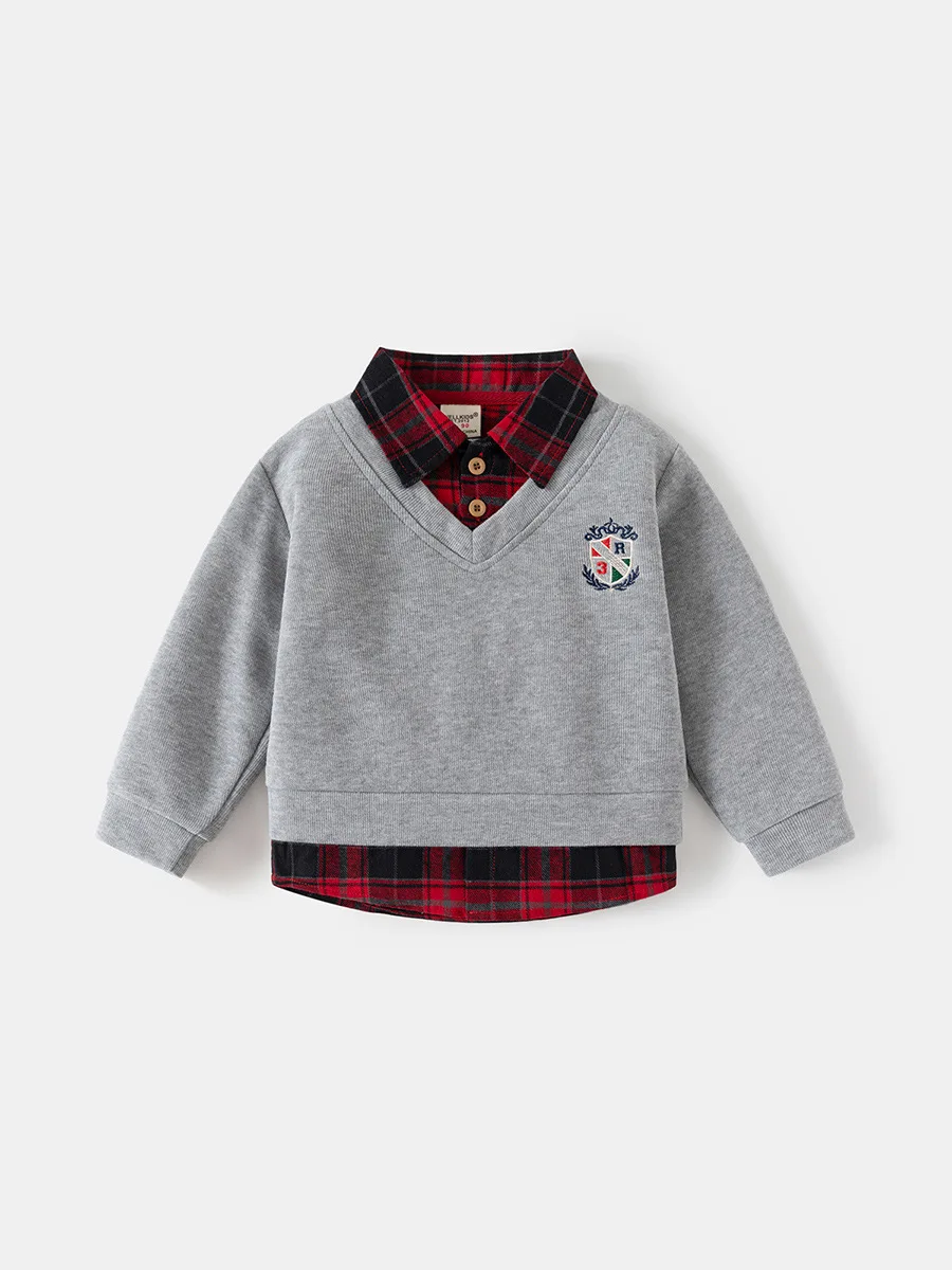 2026 Spring Children Clothes Hoodie Boys Preppy Style Fake Two-Piece Sweatshirt Plaid Collar Long Sleeve Embroidered Boys Top