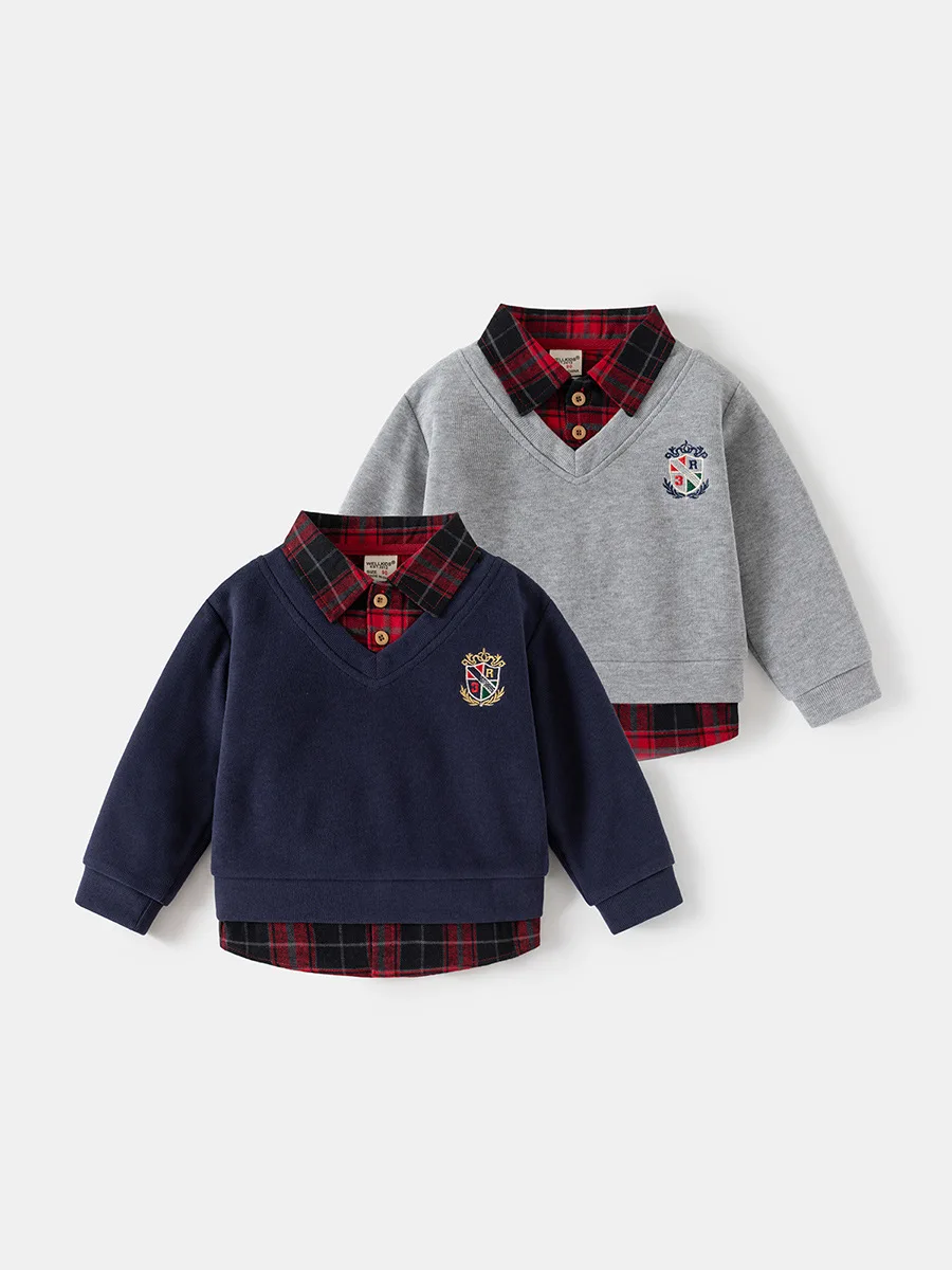 2026 Spring Children Clothes Hoodie Boys Preppy Style Fake Two-Piece Sweatshirt Plaid Collar Long Sleeve Embroidered Boys Top