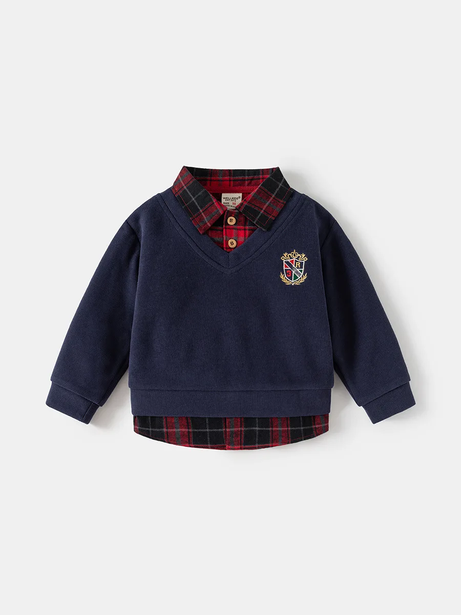 2026 Spring Children Clothes Hoodie Boys Preppy Style Fake Two-Piece Sweatshirt Plaid Collar Long Sleeve Embroidered Boys Top