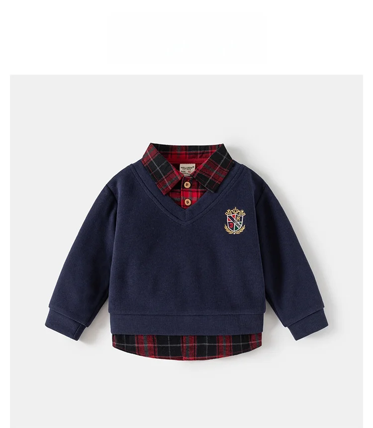 2026 Spring Children Clothes Hoodie Boys Preppy Style Fake Two-Piece Sweatshirt Plaid Collar Long Sleeve Embroidered Boys Top