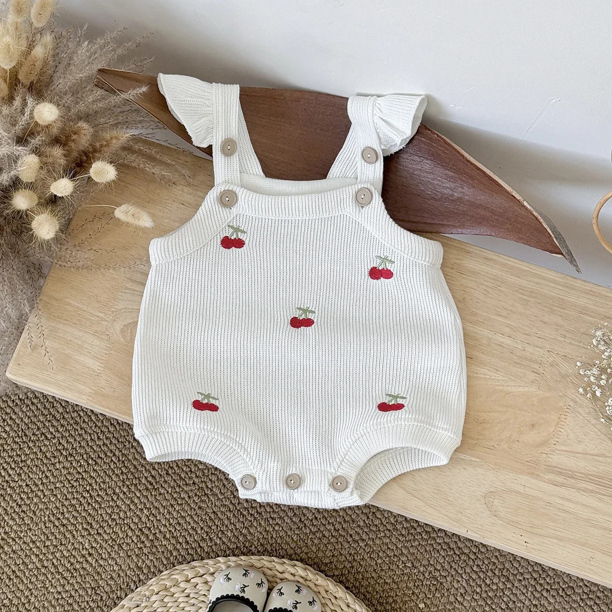 Autumn New Baby Girls Clothing Cherry Embroidered Little Sleeveless Triangle Crawler Romper Bodysuit Cute Clothes
