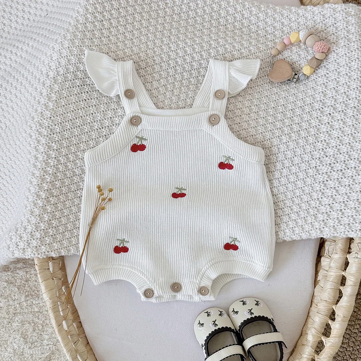 Autumn New Baby Girls Clothing Cherry Embroidered Little Sleeveless Triangle Crawler Romper Bodysuit Cute Clothes