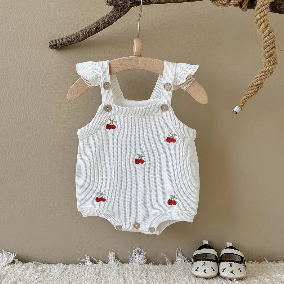 Autumn New Baby Girls Clothing Cherry Embroidered Little Sleeveless Triangle Crawler Romper Bodysuit Cute Clothes