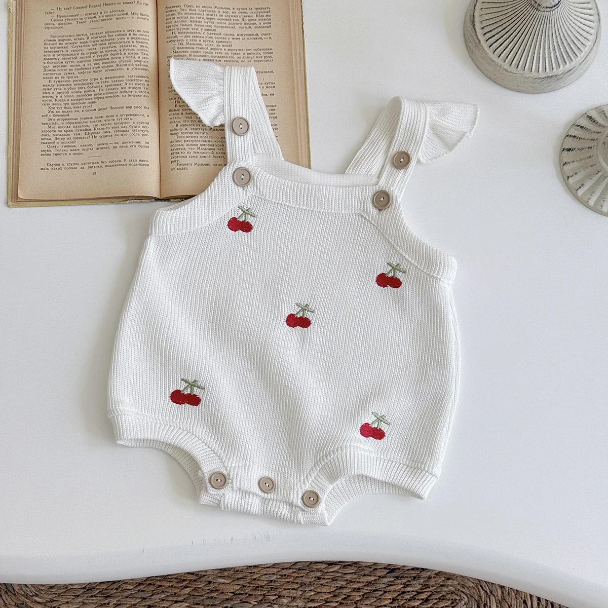 Autumn New Baby Girls Clothing Cherry Embroidered Little Sleeveless Triangle Crawler Romper Bodysuit Cute Clothes