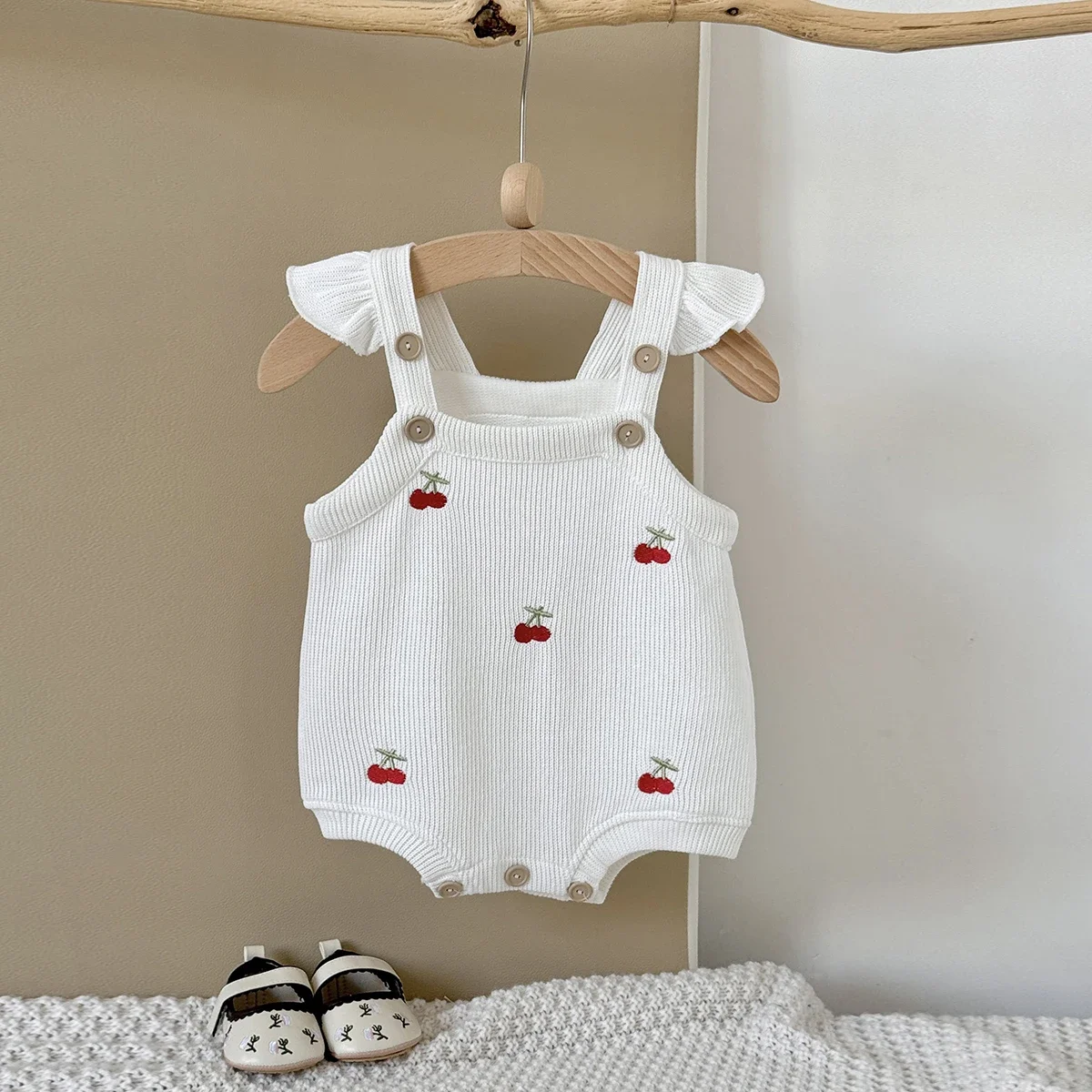 Autumn New Baby Girls Clothing Cherry Embroidered Little Sleeveless Triangle Crawler Romper Bodysuit Cute Clothes