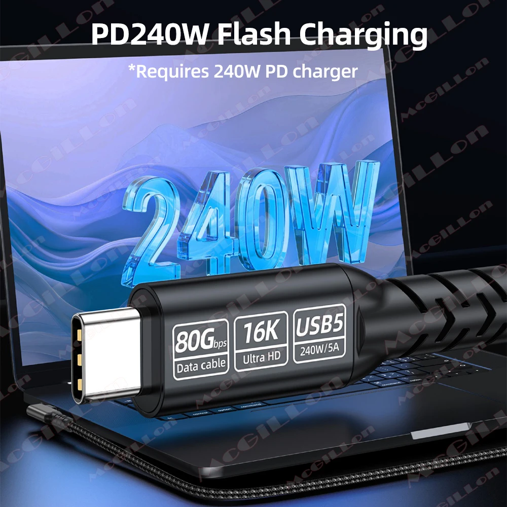 Elbow USB 5.0 Data Cable Thunderbolt 5 PD 240W 5A Charge Wire 80Gbps for MacBook Mac Pro Air SSD Tablet Laptop USB5 Type C Cord