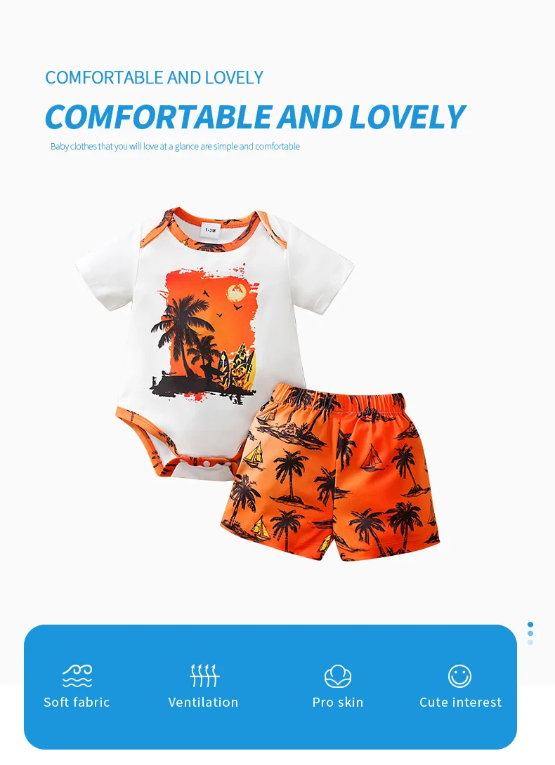 Baby Set Triangle Jumpsuit and Shorts 2PCS Holiday Coconut Tree Seaside 0-18 Months Newborn Knitted Toddler Comfortable Trendy