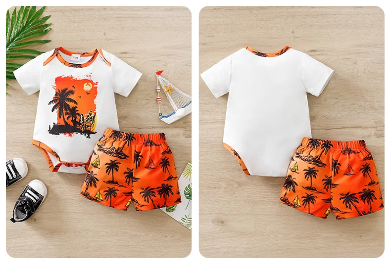 Baby Set Triangle Jumpsuit and Shorts 2PCS Holiday Coconut Tree Seaside 0-18 Months Newborn Knitted Toddler Comfortable Trendy