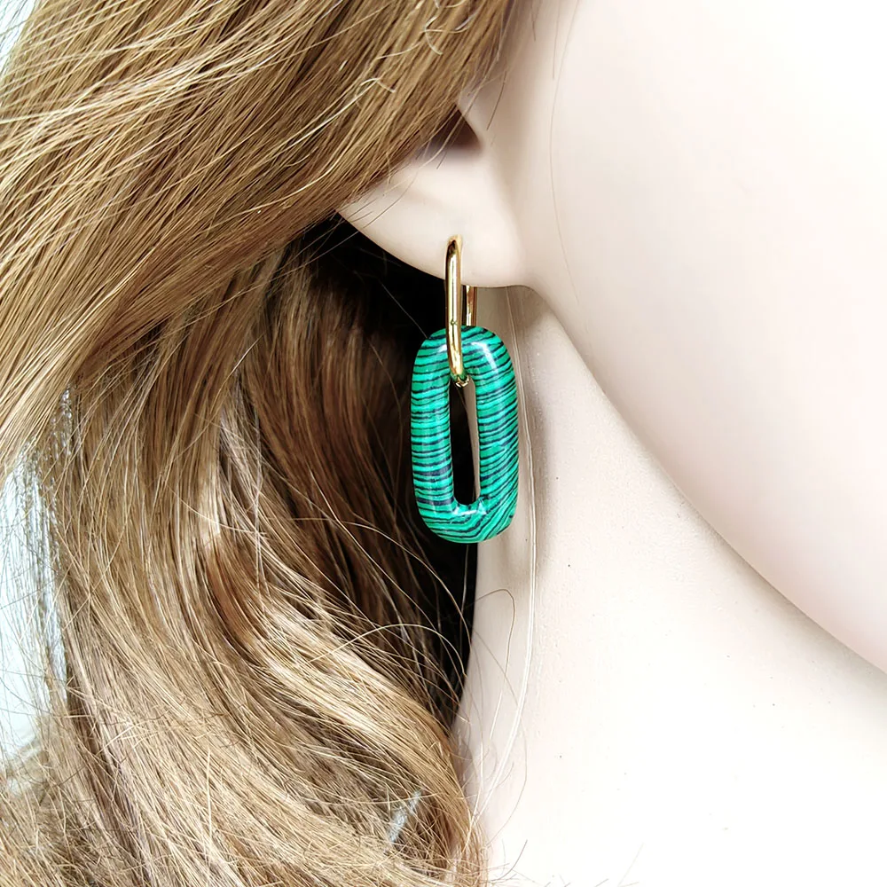 HUIDANG Earrings Trend 2026 Big Hollow Green Stone Square Earrings Woman Autumn Stainless Steel Boucles d'oreilles
