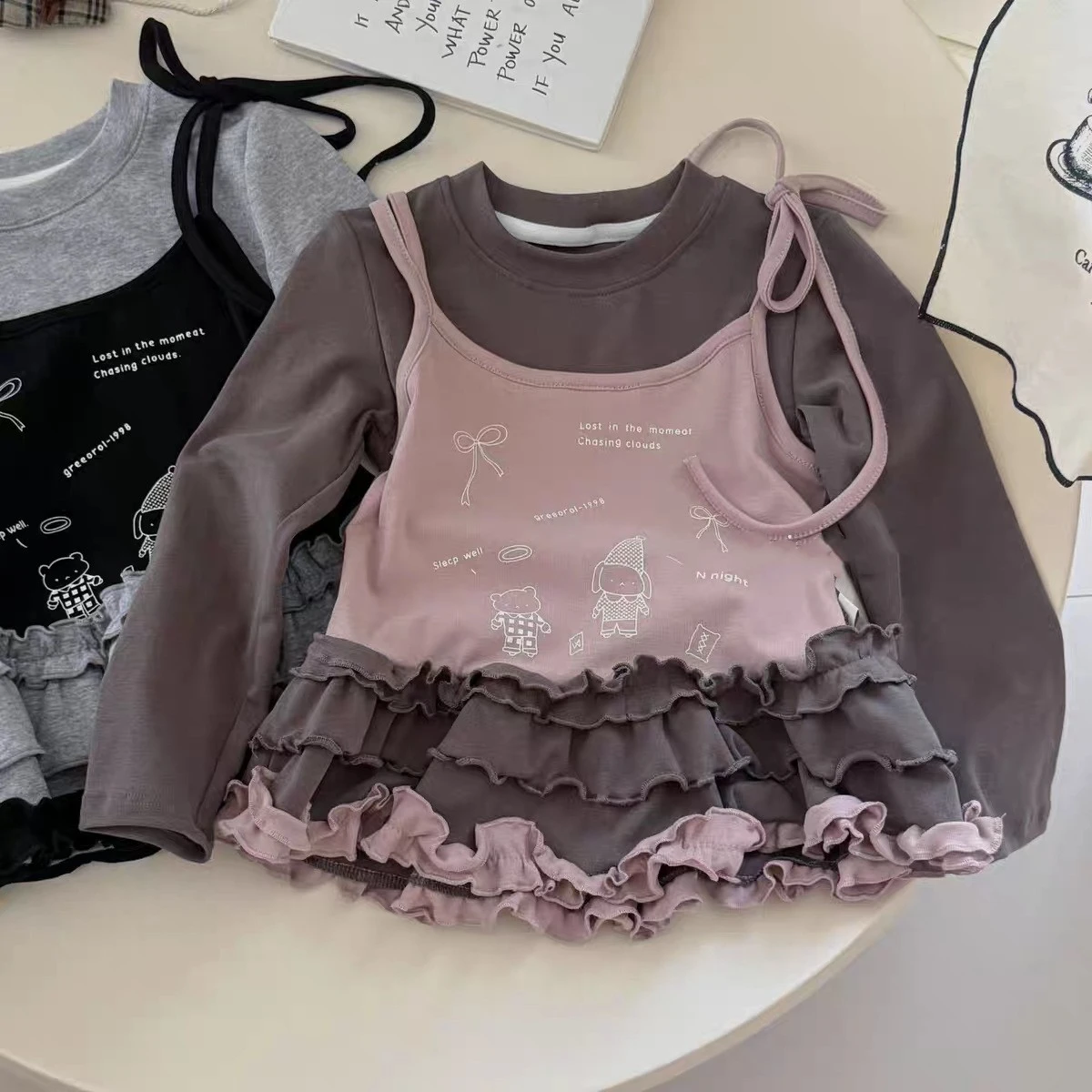 Q2693 New Arrival Korean Style Cartoon Girls' Long Sleeve T-Shirt with Lace Trim Base Shirt Autumn Fashion for Kids