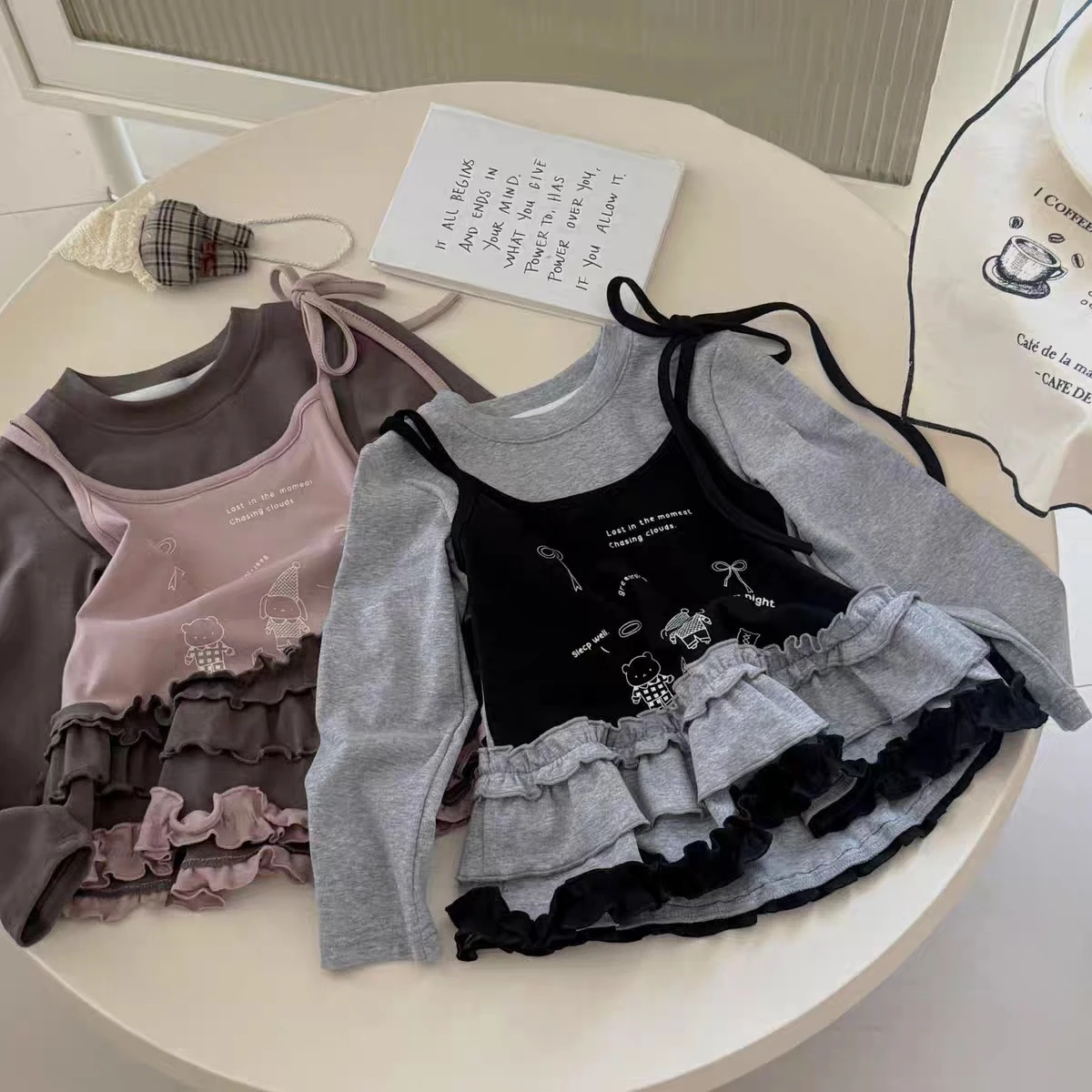 Q2693 New Arrival Korean Style Cartoon Girls' Long Sleeve T-Shirt with Lace Trim Base Shirt Autumn Fashion for Kids