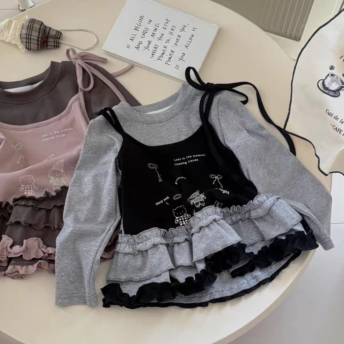 Q2693 New Arrival Korean Style Cartoon Girls' Long Sleeve T-Shirt with Lace Trim Base Shirt Autumn Fashion for Kids