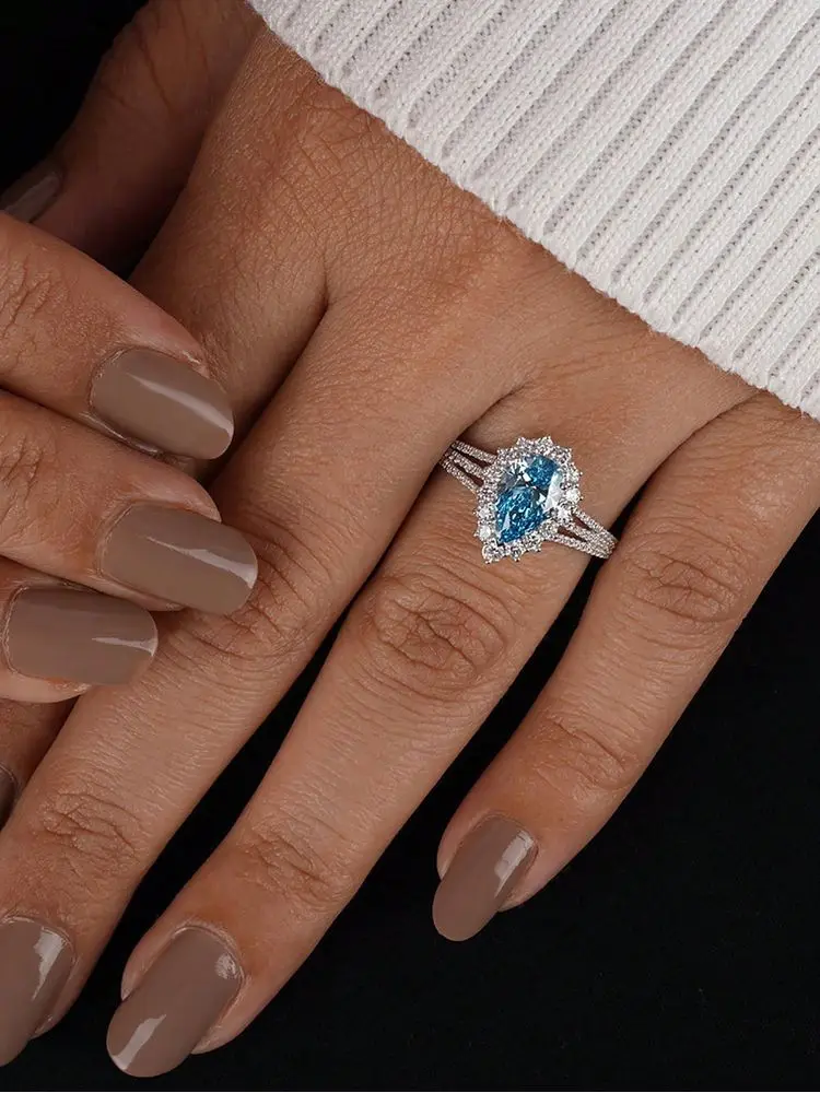 925 Sterling Silver Vintage Fashion Sea Blue Pear Zircon Ring For Women Engagement Wedding Simple High Quality Fine Jewelry