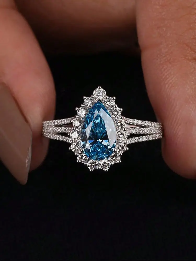 925 Sterling Silver Vintage Fashion Sea Blue Pear Zircon Ring For Women Engagement Wedding Simple High Quality Fine Jewelry