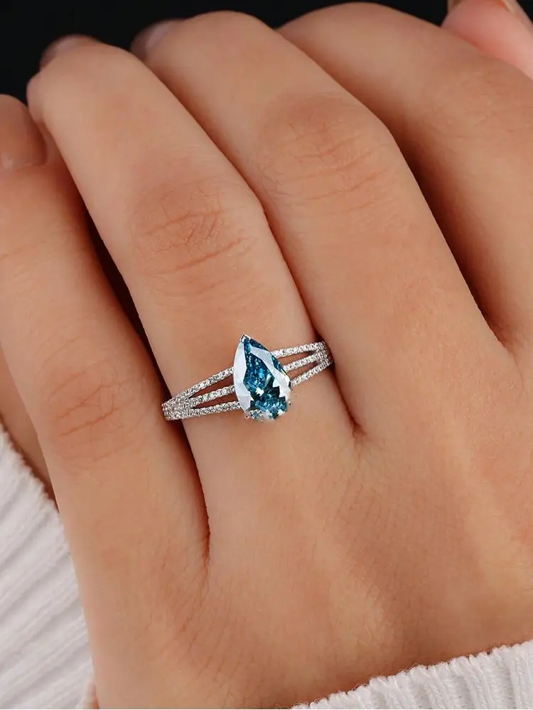 925 Sterling Silver Vintage Fashion Sea Blue Pear Zircon Ring For Women Engagement Wedding Simple High Quality Fine Jewelry