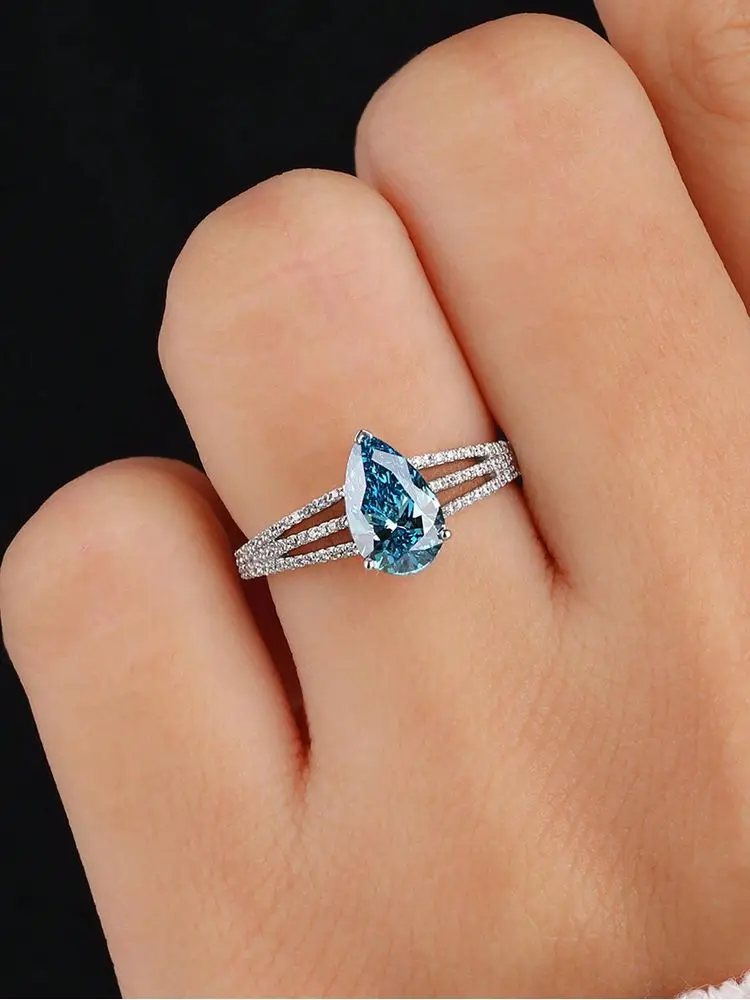 925 Sterling Silver Vintage Fashion Sea Blue Pear Zircon Ring For Women Engagement Wedding Simple High Quality Fine Jewelry