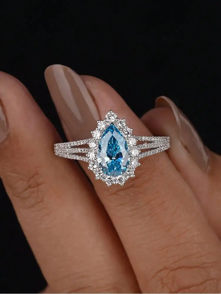 925 Sterling Silver Vintage Fashion Sea Blue Pear Zircon Ring For Women Engagement Wedding Simple High Quality Fine Jewelry