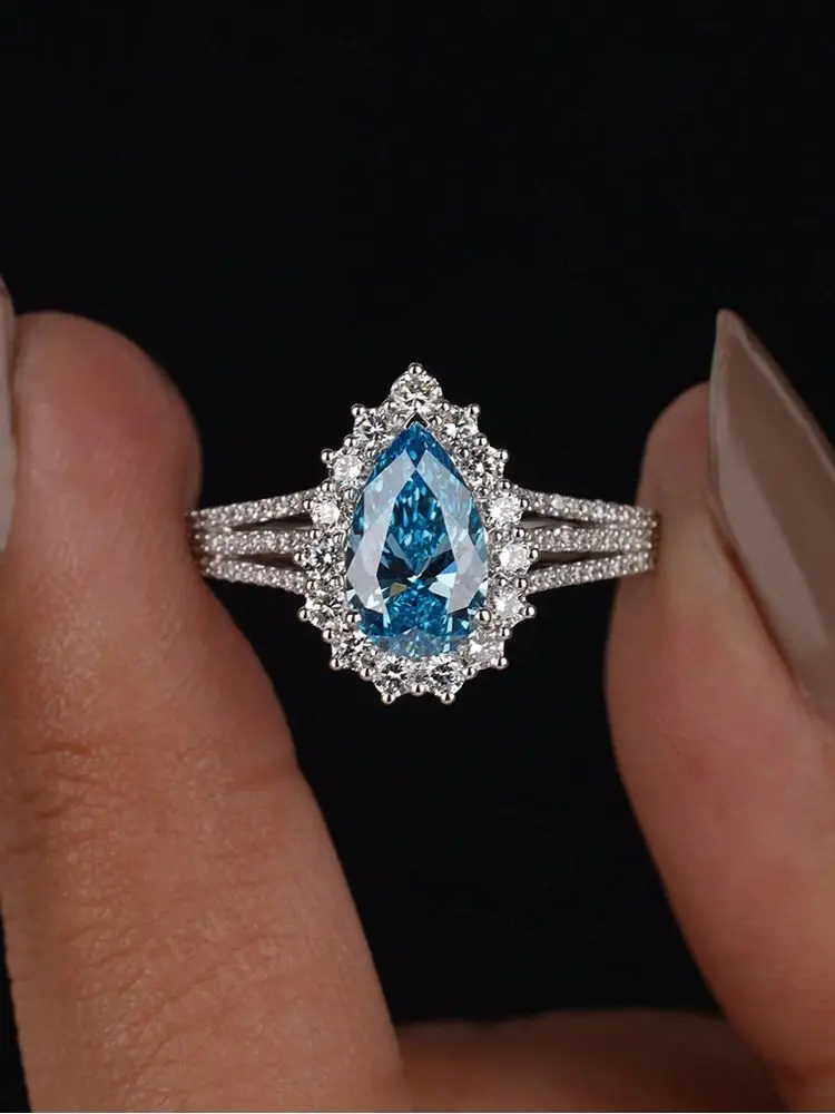 925 Sterling Silver Vintage Fashion Sea Blue Pear Zircon Ring For Women Engagement Wedding Simple High Quality Fine Jewelry