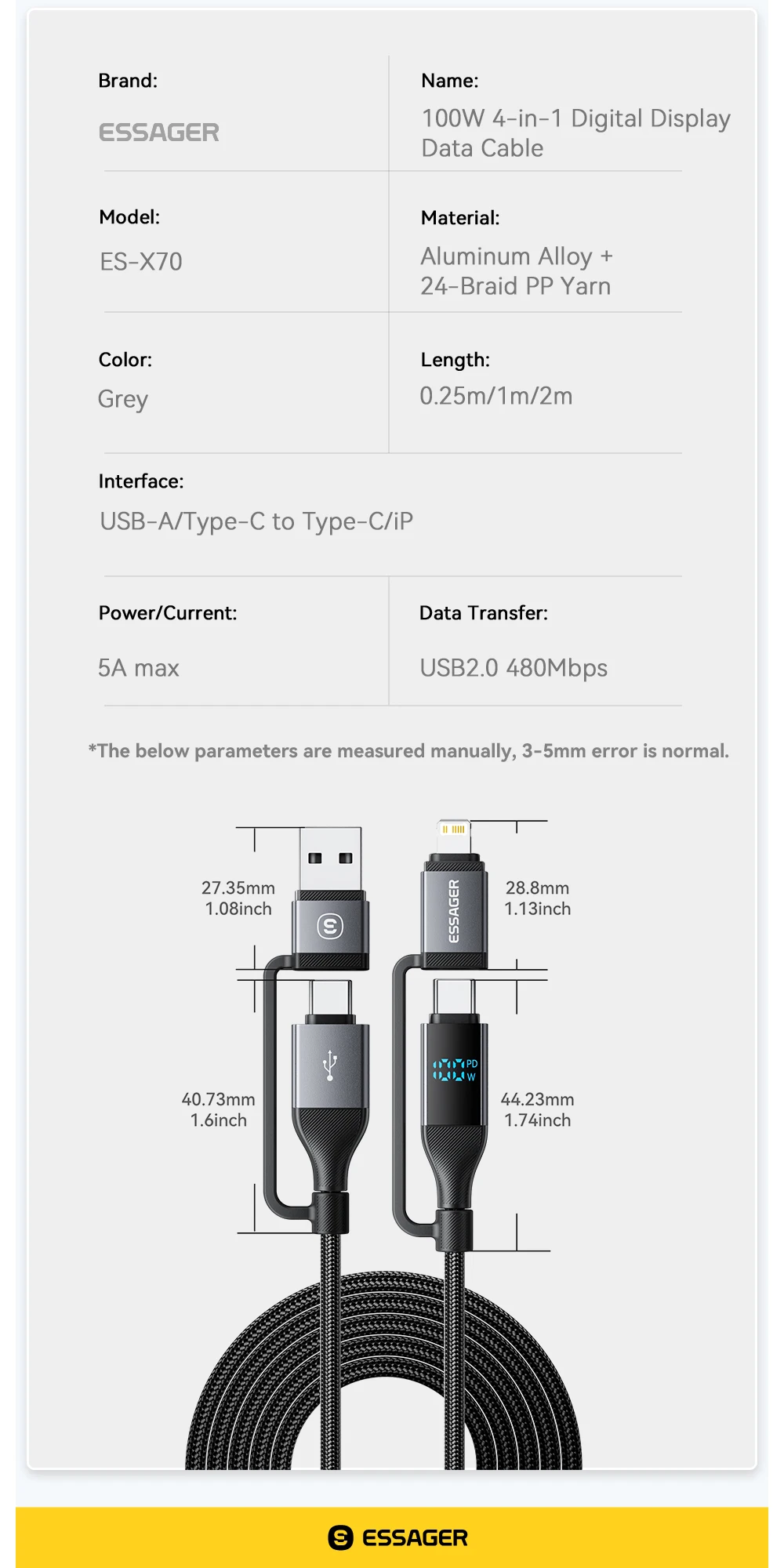 Essager 4 In 1 Digital Display USB Cable Type C 100W PD Fast Charging Wire For iPhone Macbook iPad Xiaomi Type C Lighting Cable