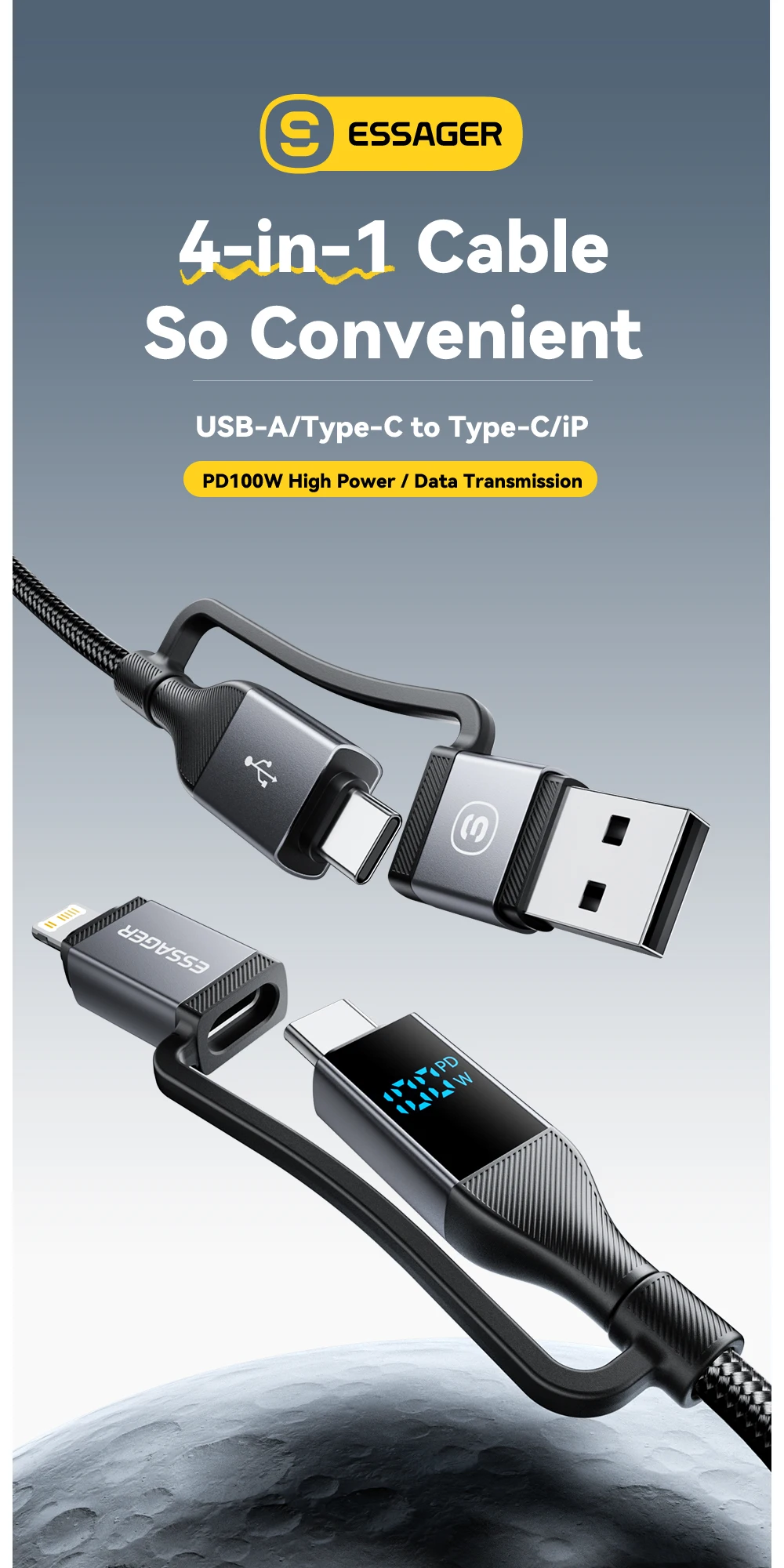 Essager 4 In 1 Digital Display USB Cable Type C 100W PD Fast Charging Wire For iPhone Macbook iPad Xiaomi Type C Lighting Cable