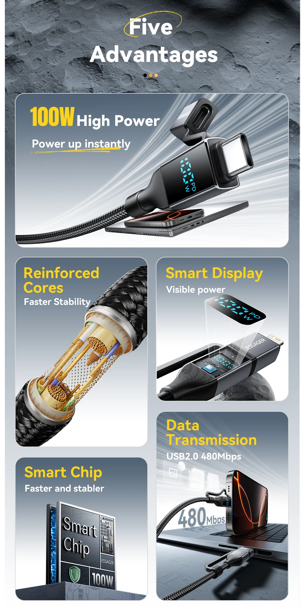 Essager 4 In 1 Digital Display USB Cable Type C 100W PD Fast Charging Wire For iPhone Macbook iPad Xiaomi Type C Lighting Cable