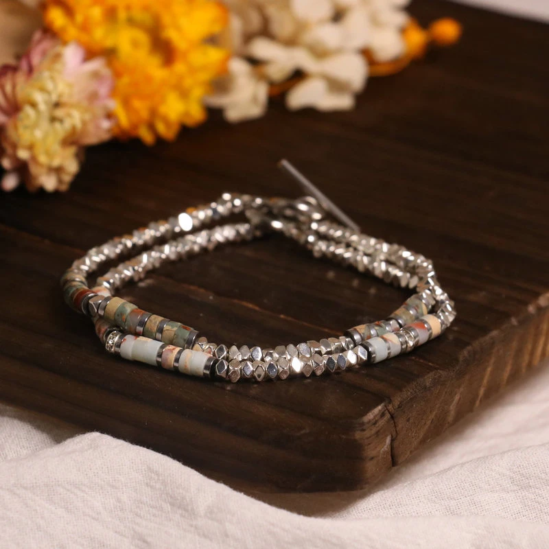 1 Pc Minimalist OT Clasp Stainless Steel Bracelet for Women Natural Stone Handmade Production Picasso Hematite Women Jewelry