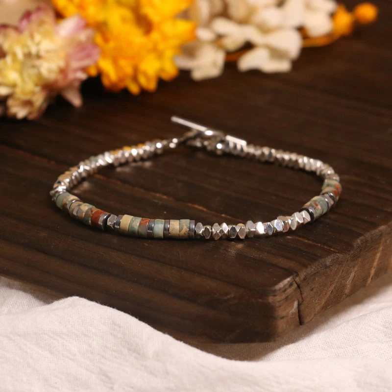 1 Pc Minimalist OT Clasp Stainless Steel Bracelet for Women Natural Stone Handmade Production Picasso Hematite Women Jewelry