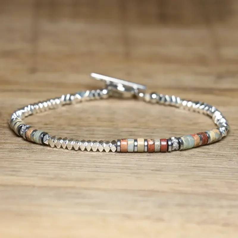 1 Pc Minimalist OT Clasp Stainless Steel Bracelet for Women Natural Stone Handmade Production Picasso Hematite Women Jewelry